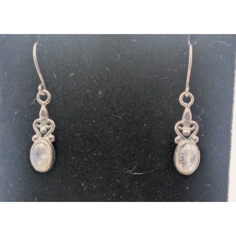 STERLING SILVER Drop Earrings Womens Ornate Floral Oval Opal Cabochon 1.92g